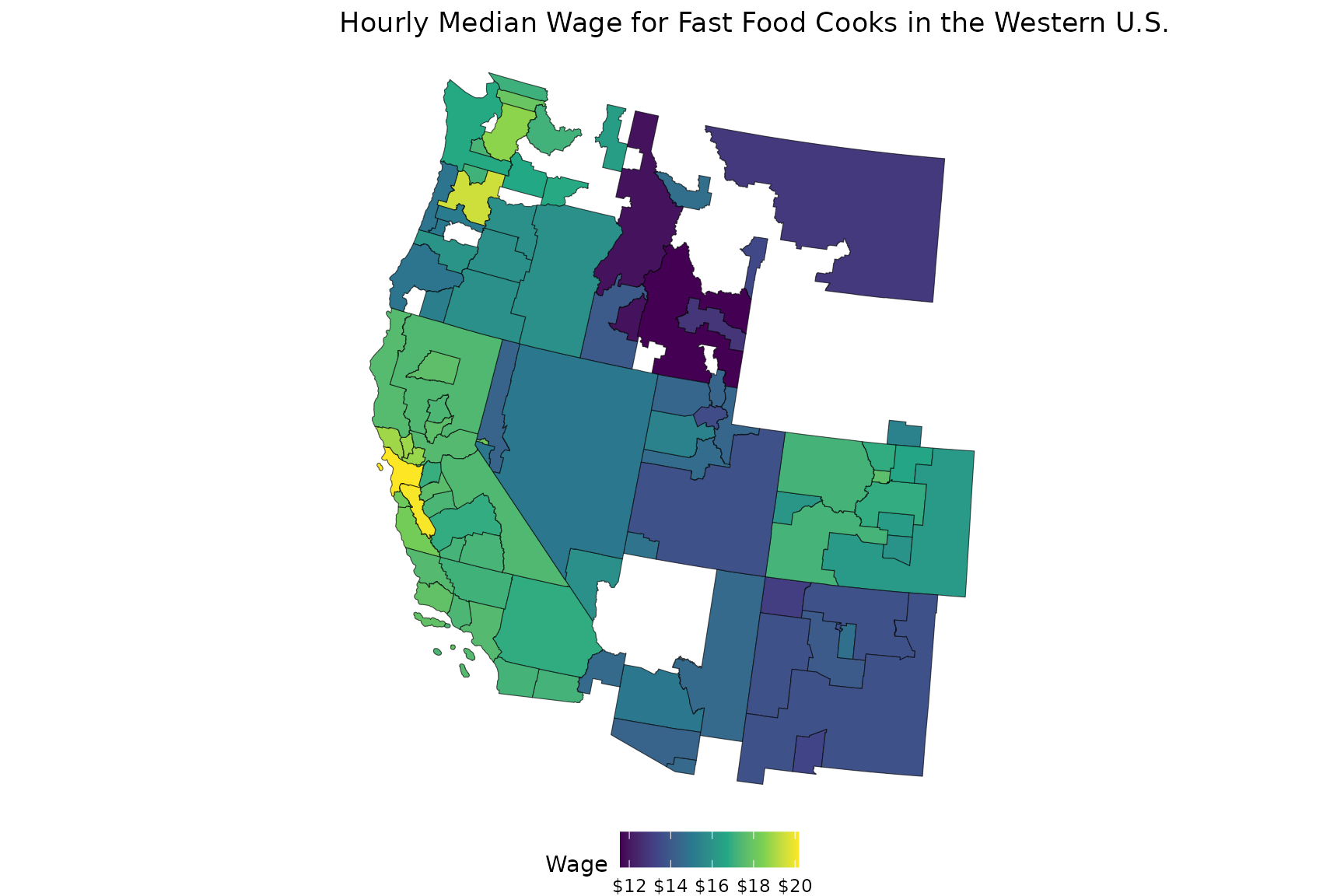 A map comparing median wages for fast food cooks in local areas across the Estern United States.
